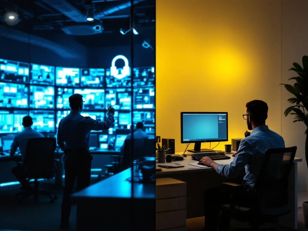 Professionele beveiligingscontrolekamer met moderne monitoren versus basis kantooropstelling met verouderde apparatuur