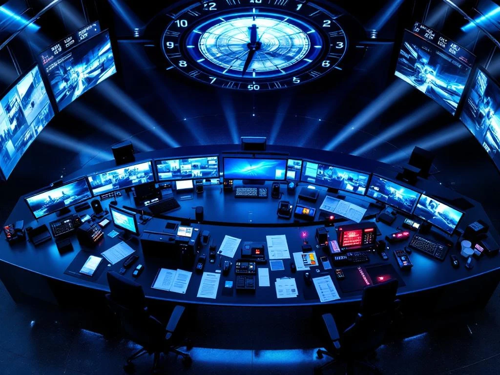 Moderne beveiligingscontrolekamer met verlichte monitoren, 24-uurs klok en professionele apparatuur op bureau