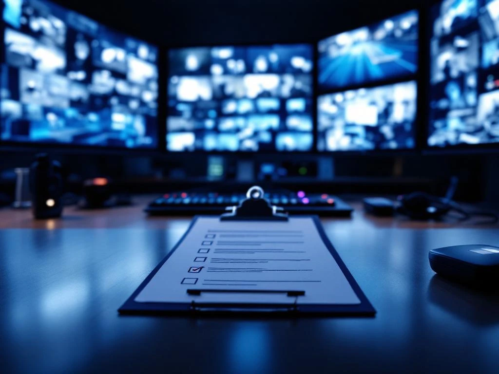 Professionele beveiligingscontrolekamer met meerdere monitoren, veiligheidschecklists en communicatieapparatuur