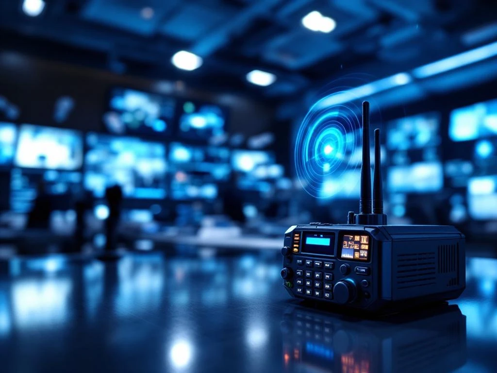 Moderne beveiligingscontrolekamer met radio-communicatieapparaat, HD-monitoren en draadloze signalen in blauw licht