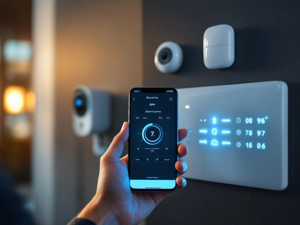 Handen met smartphone die beveiligingsapp toont boven modern alarmsysteem paneel met blauwe LED-indicatoren