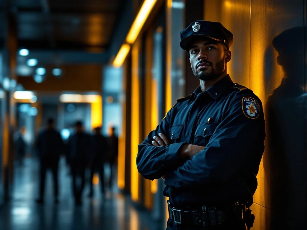 Professionele beveiliger in uniform staat zelfverzekerd bij moderne gebouwingang, dramatische belichting benadrukt autoriteit