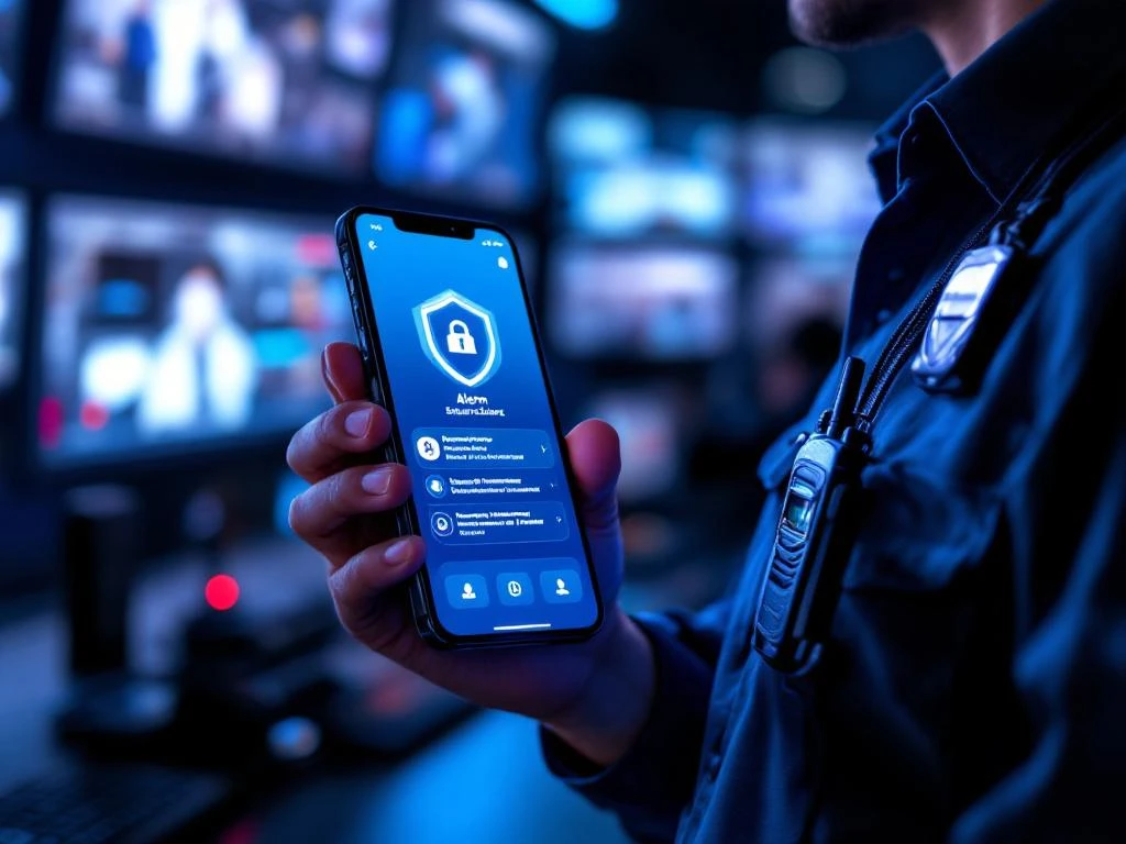 Beveiligingsmedewerker houdt smartphone met alarm-app vast in professionele bewakingsruimte met monitoren