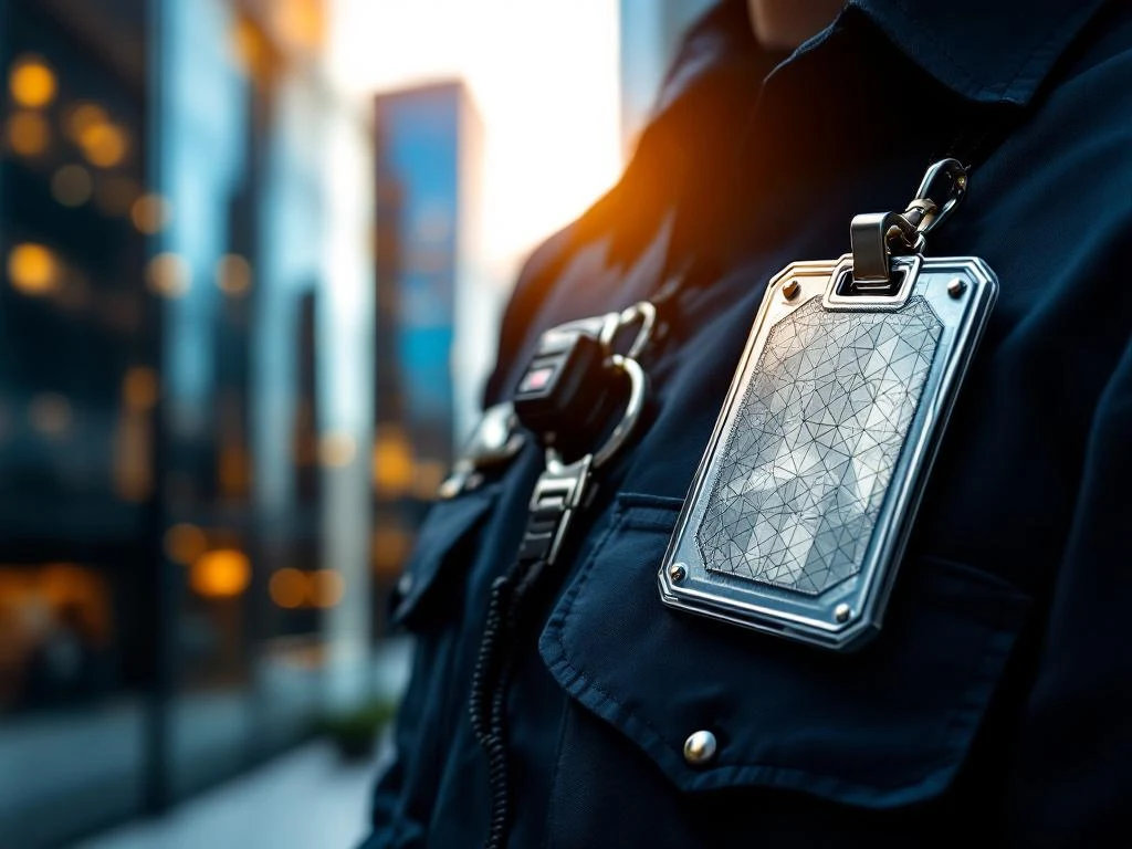 Beveiligingsbeambte in marineblauw uniform met identificatiebadge, radio en sleutelhanger voor modern kantoorgebouw