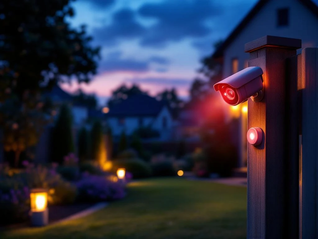 Beveiligingscamera op tuinhek met rode LED-indicator en bewegingssensors in moderne achtertuin bij schemering
