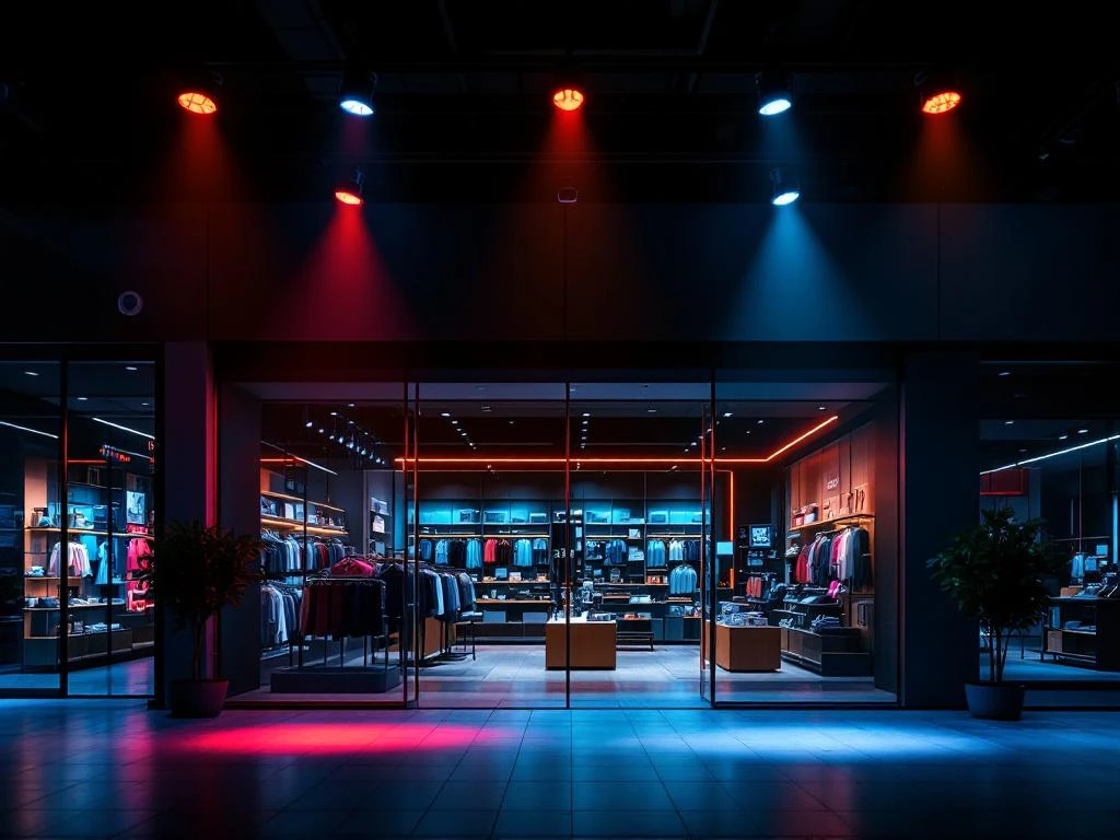Moderne winkelinterieur 's nachts met beveiligingscamera's, verlichting en alarmsystemen voor 24/7 beveiliging