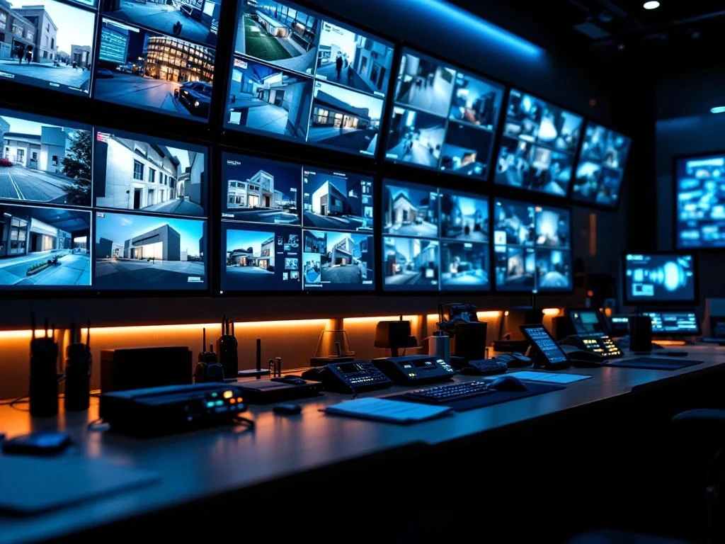 Moderne beveiligingscontrolekamer met meerdere monitoren die live bewakingsbeelden tonen van commerciële gebouwen