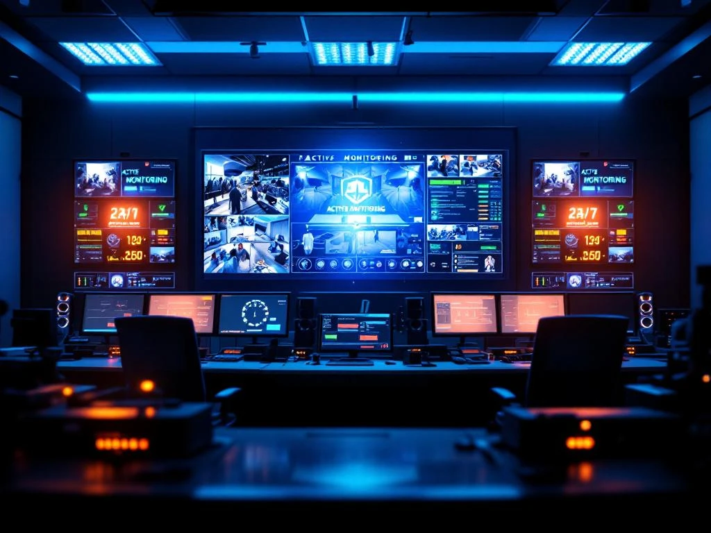 Professionele beveiligingscontrolekamer met meerdere monitoren die live bewakingsbeelden tonen en groene actieve monitoring indicatoren