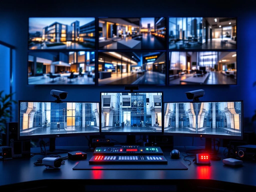 Beveiligingscontrolekamer met meerdere monitors die live bewakingsbeelden tonen, verlichte alarmpanelen en professionele beveiligingsapparatuur