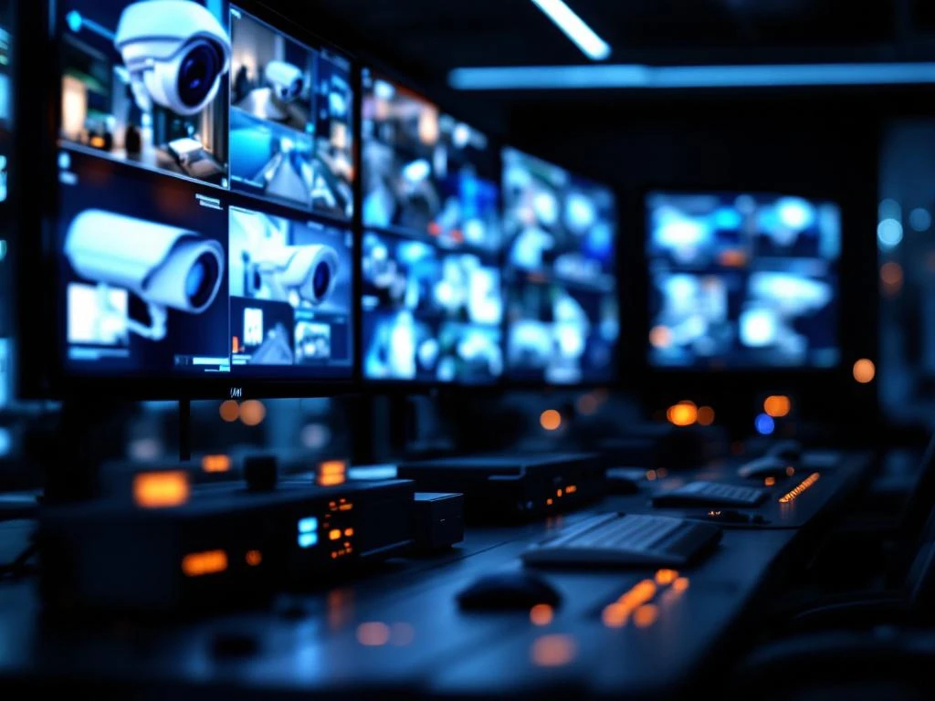 Moderne beveiligingscontrolekamer met meerdere HD-monitoren die bewakingsbeelden tonen, professionele blauwe verlichting