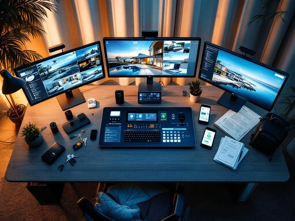 Moderne beveiligingscontrolekamer met HD-monitoren, alarmsysteem en smartphone-app voor vakantiehuisbewaking
