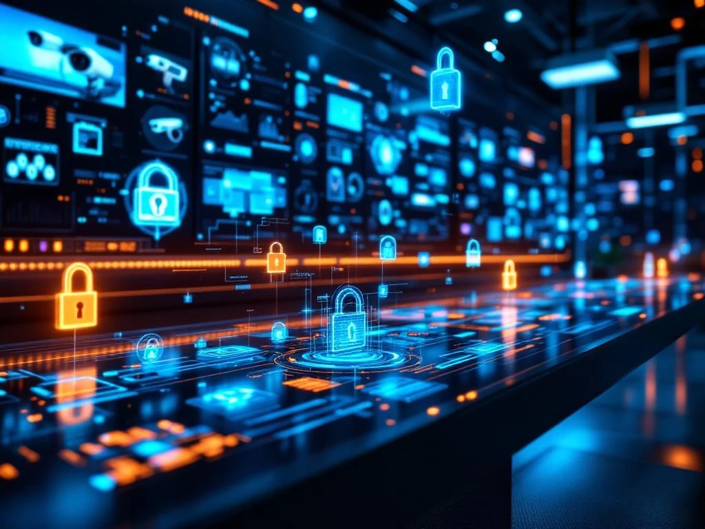 Futuristisch beveiligingscentrum met meerdere monitoren, holografische beveiligingspictogrammen en geavanceerde dashboards