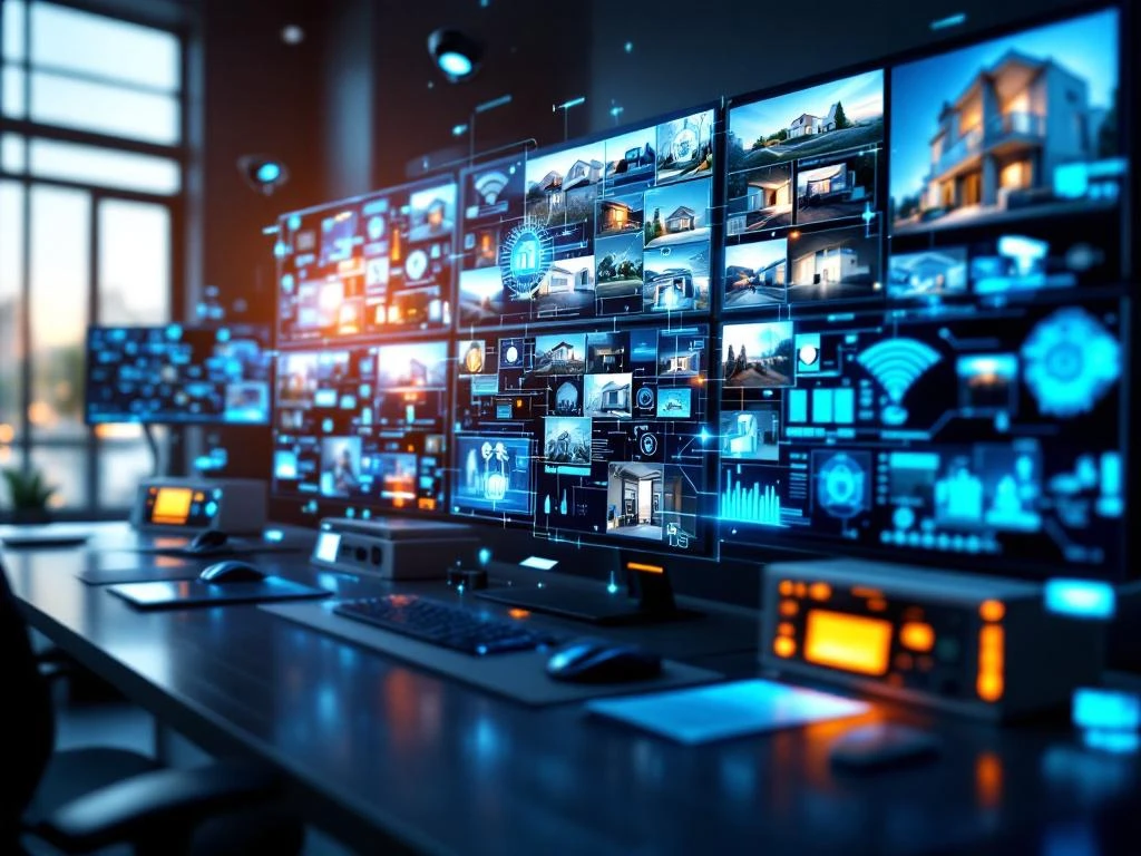 Moderne beveiligingscontrolekamer met HD-monitoren, holografische interface en geavanceerde bewakingsapparatuur