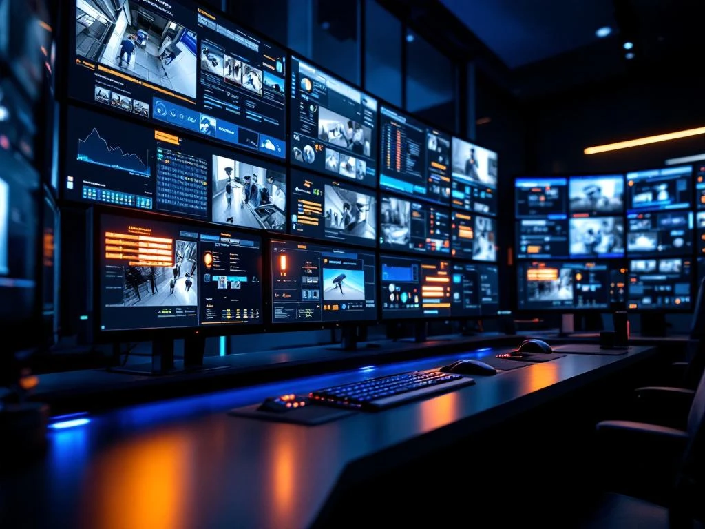 Beveiligingscontrolekamer met meerdere monitoren die live alarmfeeds en camerabewaking tonen, blauwe LED-verlichting