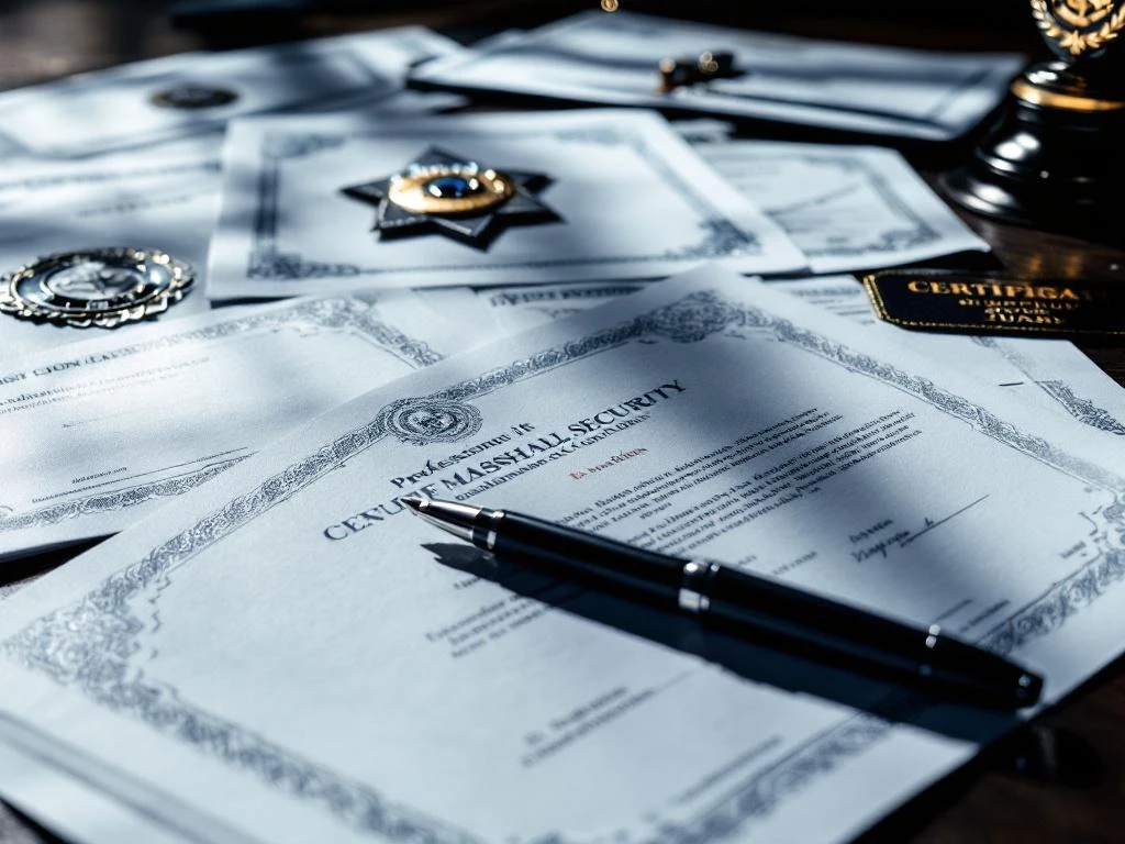 Officiële beveiligingscertificaten en badge op donker houten bureau met dramatische verlichting en professionele pen