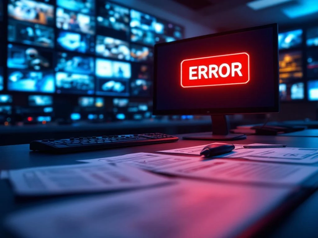 Beveiligingscontrolekamer met meerdere monitors, centraal scherm toont rode ERROR-waarschuwing, documenten met rode kruizen op bureau