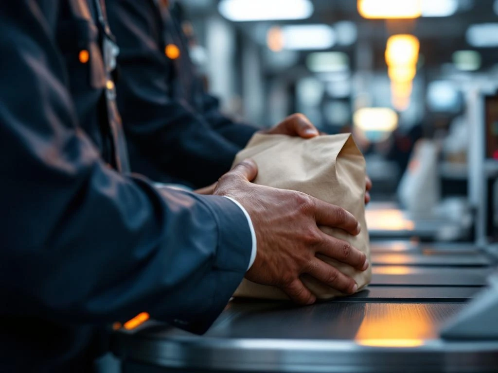 Professionele veiligheidsinspectie met diverse handen die samenwerken aan moderne detectietafel in schone beveiligingsfaciliteit