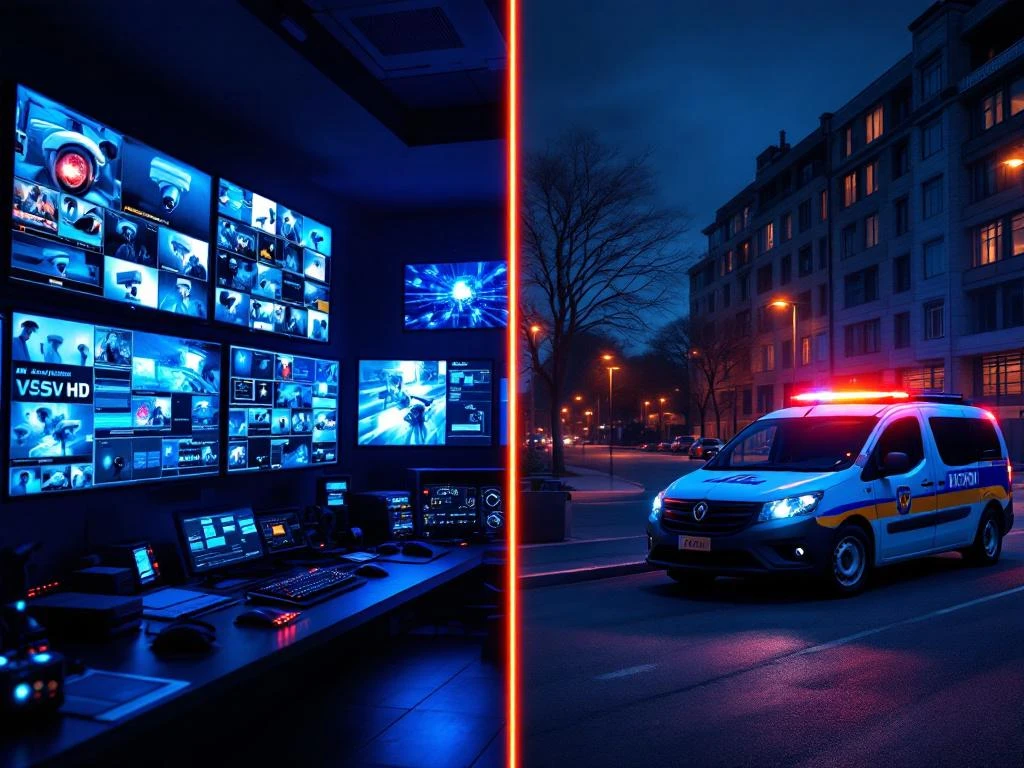 Beveiligingsmonitoring split-screen: moderne controlekamer met HD-monitors links, mobiele beveiligingswagen bij gebouw rechts