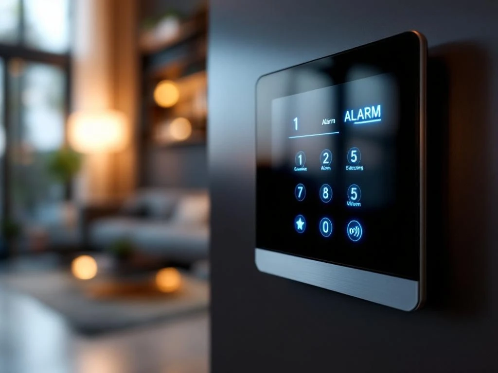 Moderne beveiligingspaneel met verlichte knoppen en digitale interface in hedendaags huis interieur
