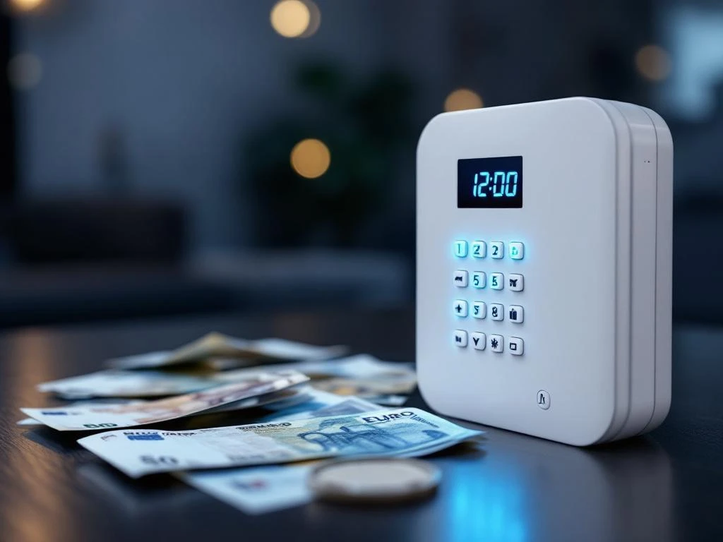 Witte beveiligingspaneel met LED-indicatoren op donker hout, omringd door eurobankbiljetten in professionele verlichting