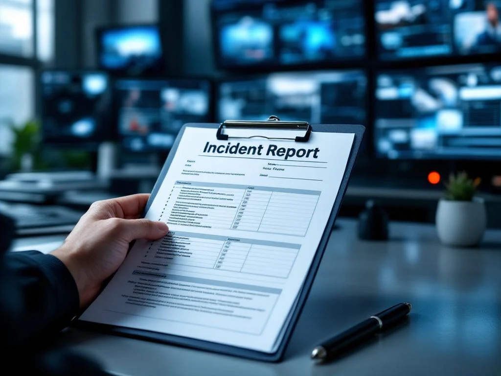 Beveiligingsmedewerker houdt incident rapport klembord vast op kantoorbureau met bewakingsapparatuur op achtergrond