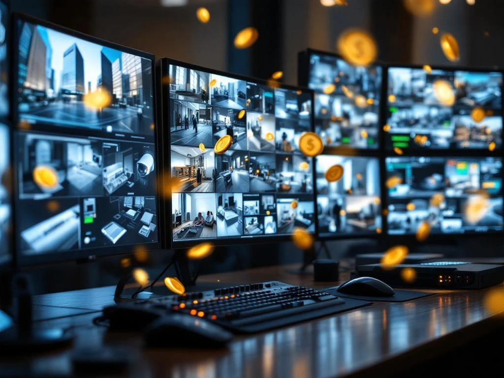 Moderne beveiligingscontrolekamer met HD-monitoren, bewakingscamera's en gouden munten die kostenbesparingen symboliseren
