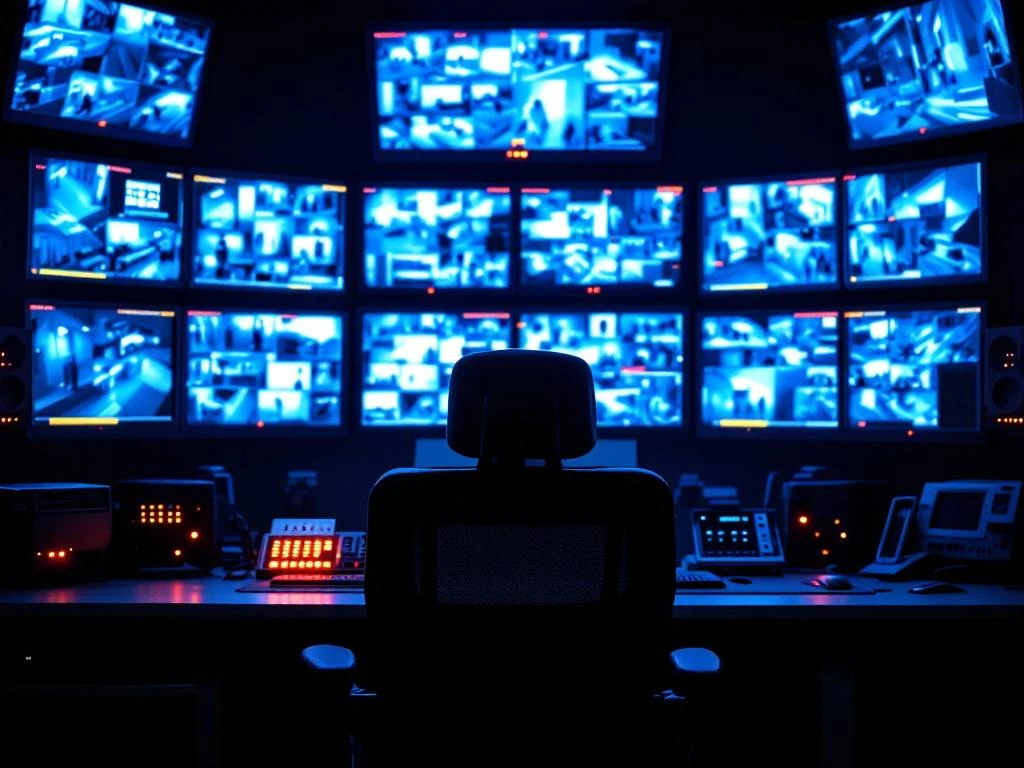 Lege beveiligingscontrolekamer met meerdere monitors en surveillance-apparatuur, verlicht door blauw scherm licht