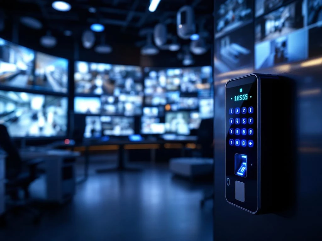 Moderne beveiligingscontrolekamer met monitoren, toegangscontrole keypad met biometrische scanner en blauwe LED-indicatoren