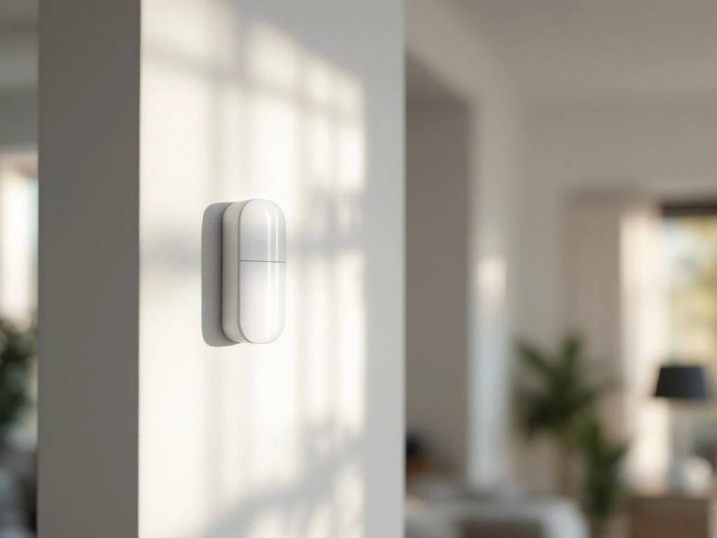 Witte beveiligingssensor geïnstalleerd in hoek van muur en plafond, onopvallend geïntegreerd in modern interieur