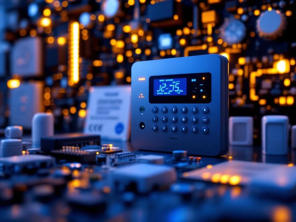 Moderne alarminstallatie bedieningspaneel met LED-indicatoren en digitaal display, circuit boards op achtergrond