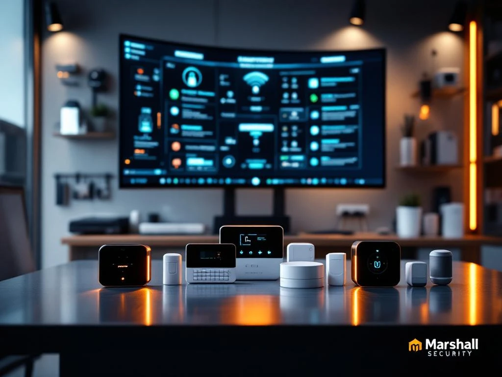 Moderne beveiligingscontrolekamer met gebogen monitor, slimme beveiligingspanelen en draadloze sensoren met LED-indicatoren
