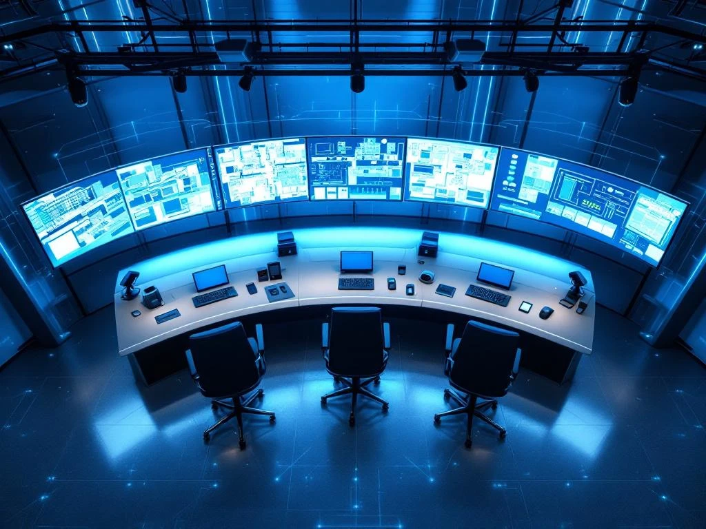 Moderne beveiligingscontrolekamer met gebogen monitoren die camerabewaking, toegangscontrole en sensoren tonen via blauwe verbindingen
