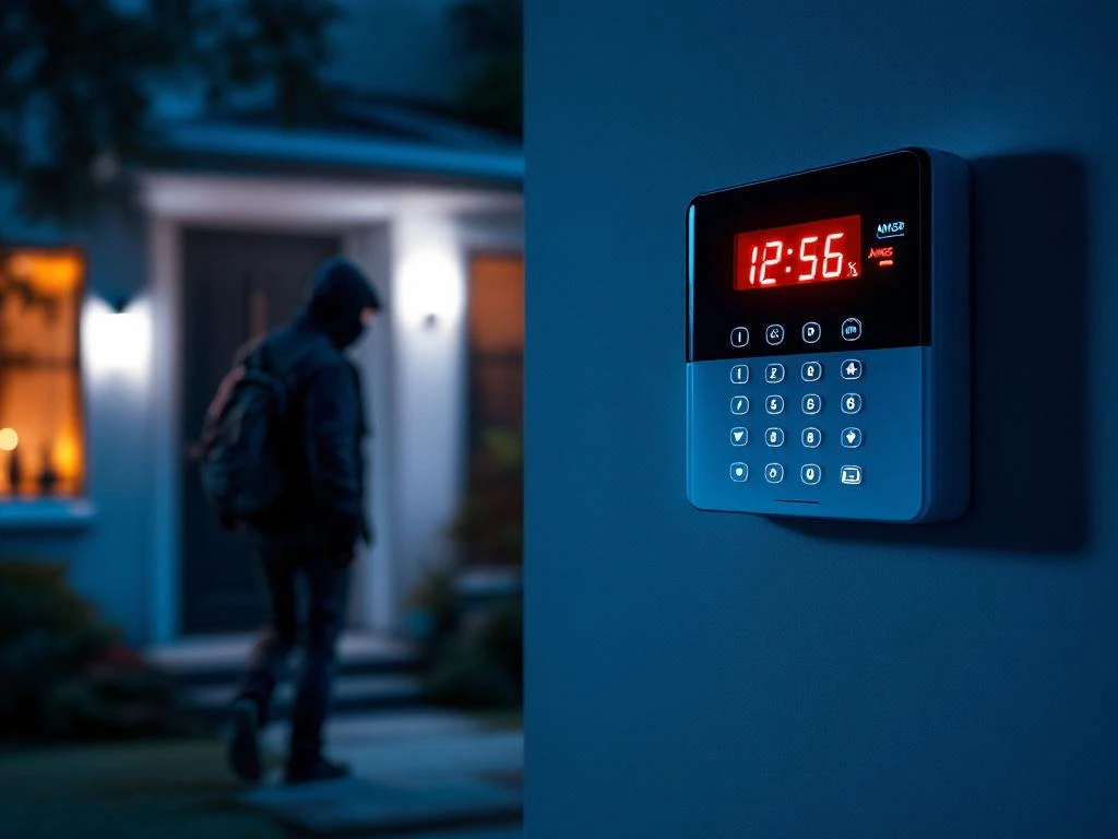 Beveiligingsalarm paneel op muur met rode waarschuwingslichten terwijl inbreker wegvlucht van verlicht huis