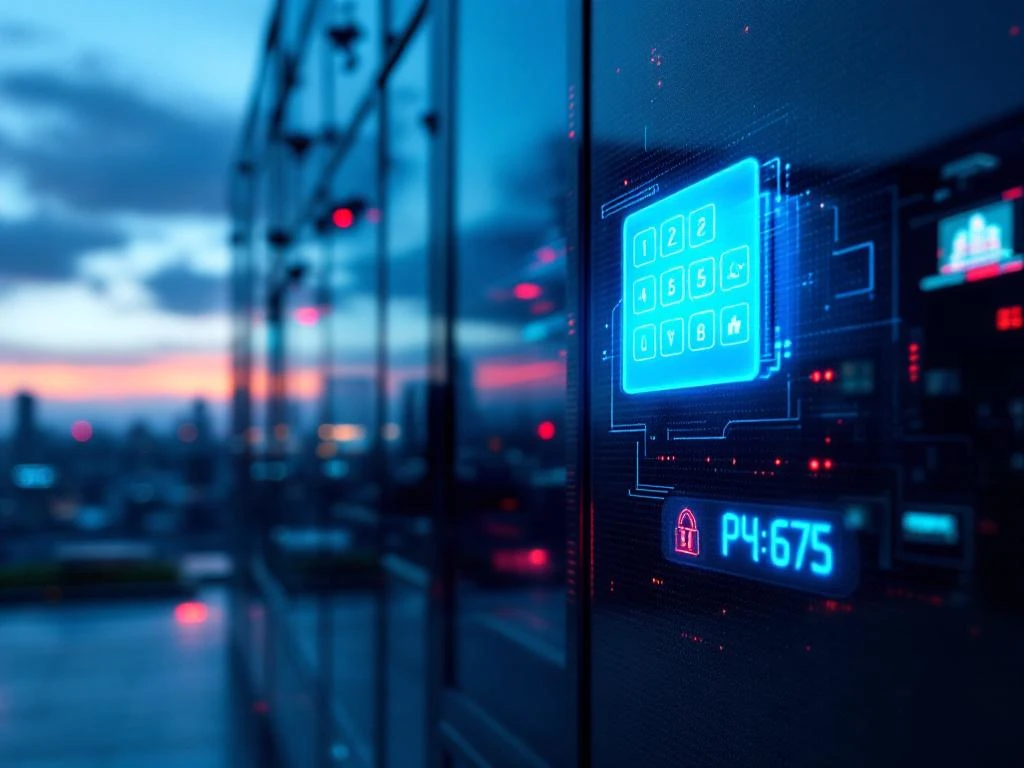 Moderne kantoorgebouw met verlichte beveiligingskeypad en bewakingscamera's bij schemering