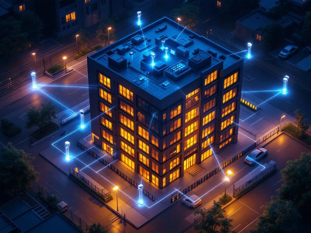 Modern kantoorgebouw bij schemering met negen verlichte beveiligingselementen die een beschermend netwerk vormen