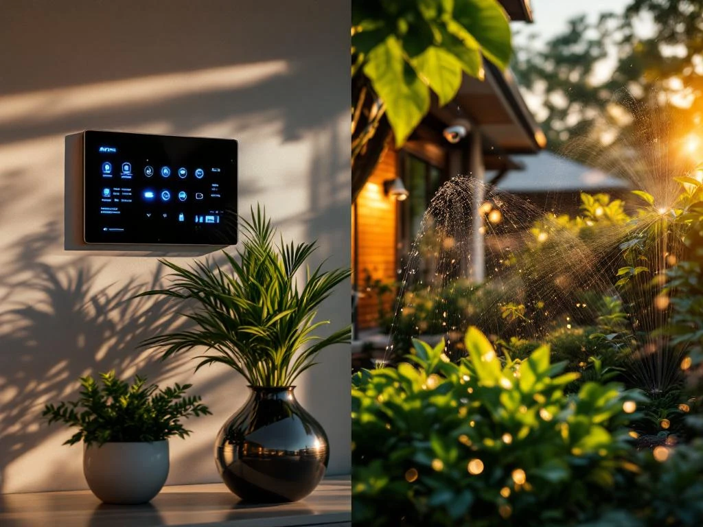 Moderne woning met beveiligingssysteem en automatische sproeiers die planten water geven tijdens vakantie