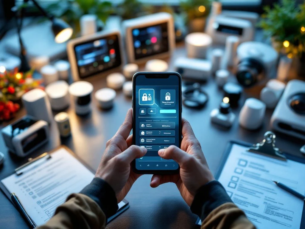 Handen met smartphone die beveiligingssysteem test-interface toont, omringd door alarmsensoren en professionele testapparatuur