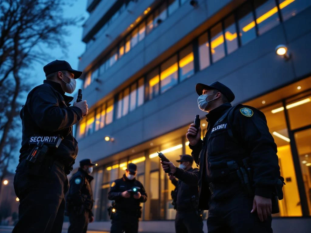 Beveiligingsmedewerkers in donkere uniformen oefenen surveillancetechnieken bij modern kantoorgebouw tijdens schemering