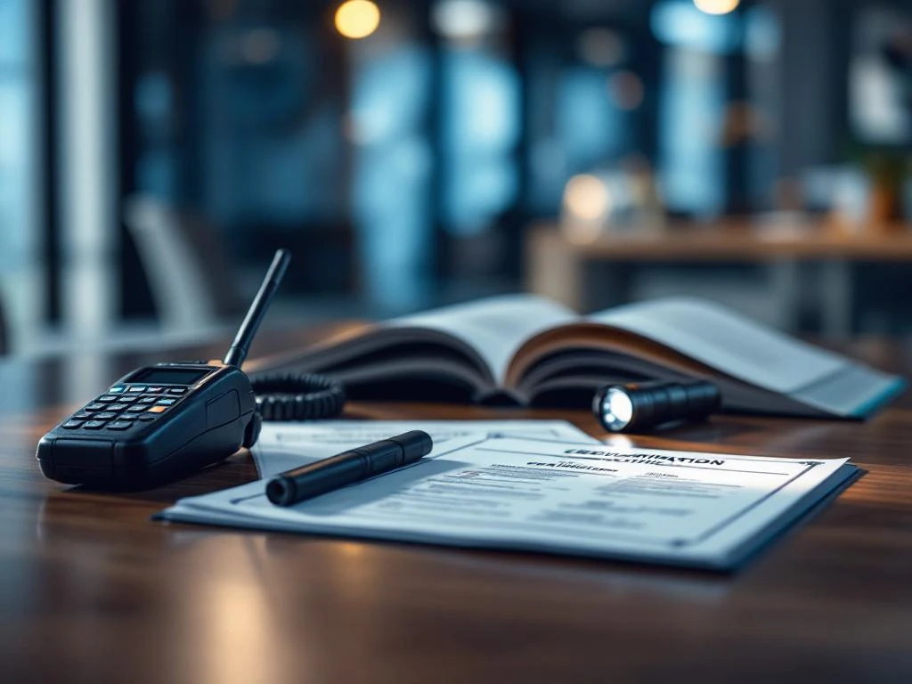 Professionele beveiligingsuitrusting en certificaten op houten tafel in moderne trainingsruimte
