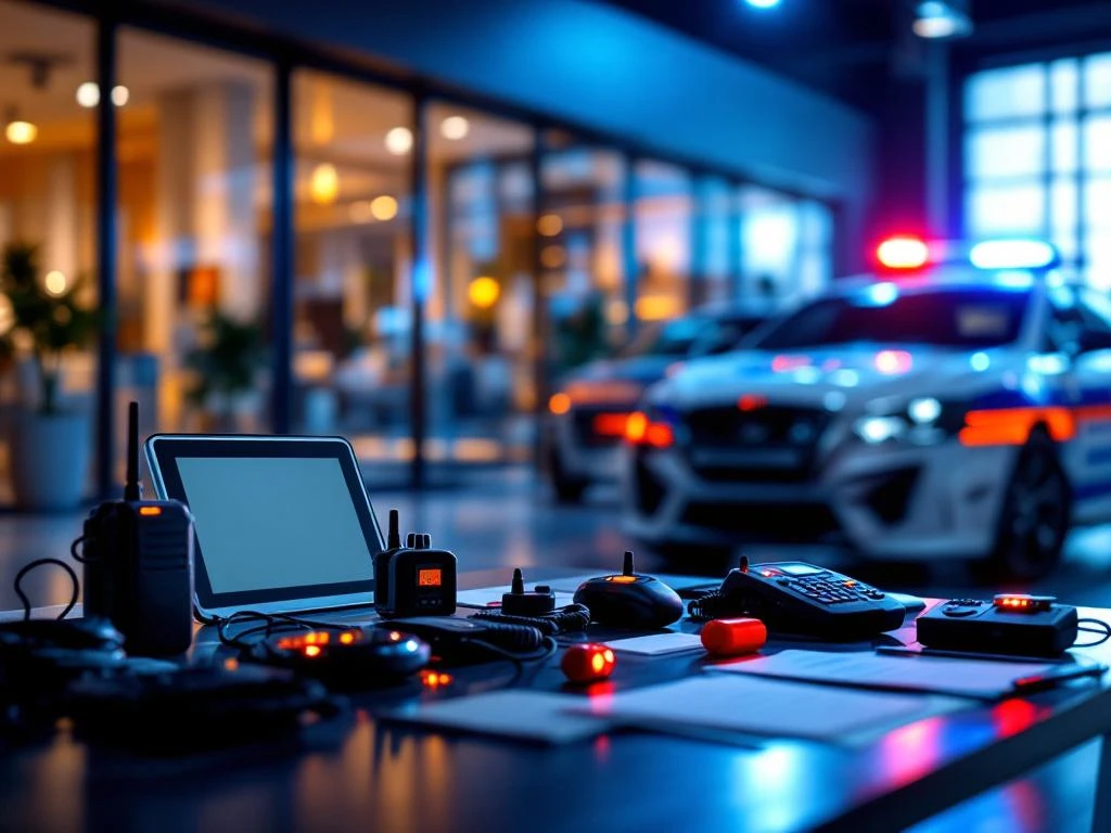 Marshall Security patrouillevoertuig bij moderne beveiligingstrainingscentrum met professionele apparatuur en certificaten