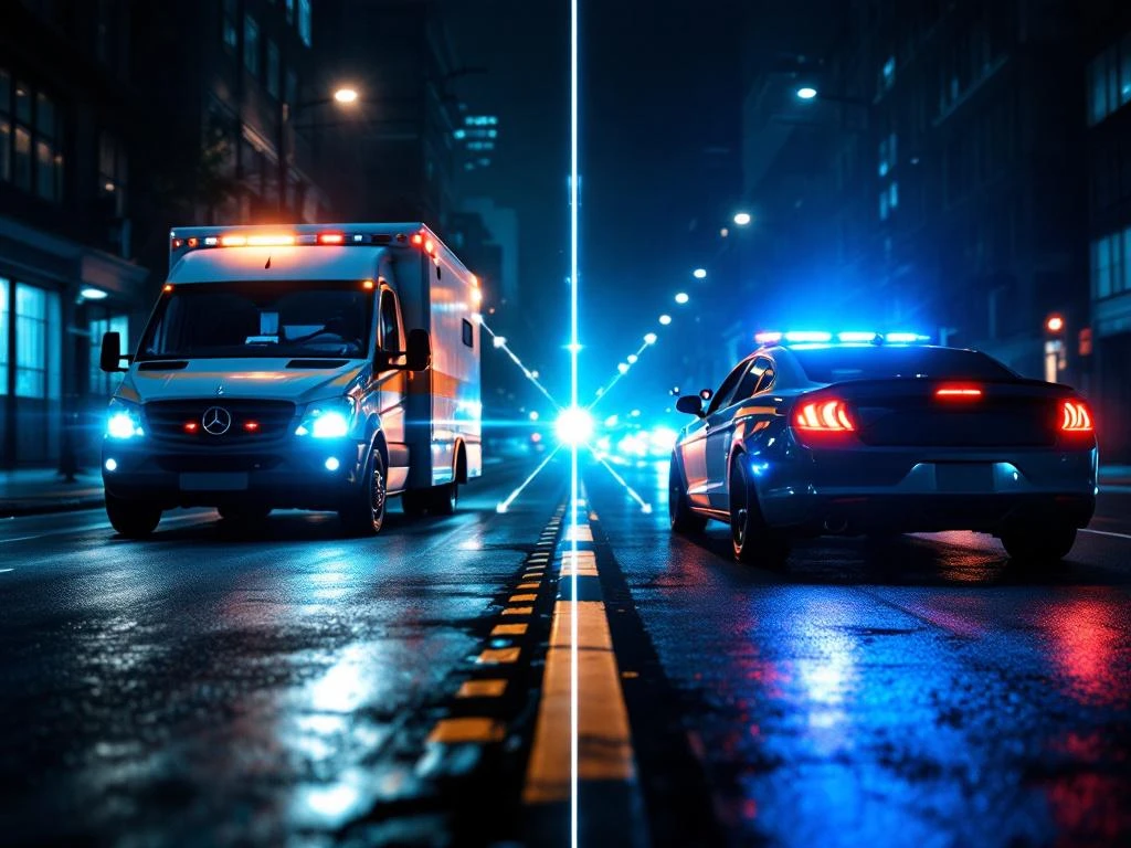 Beveiligingsvoertuig en politieauto met zwaailichten op natte stadsstraat, verbonden door verlicht alarmsysteem paneel