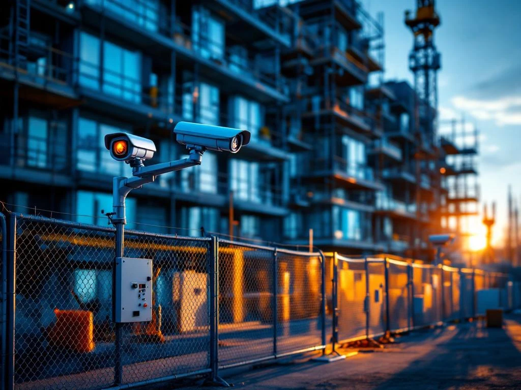 Beveiligingsapparatuur op bouwplaats met steigers, camera's en toegangscontrole tijdens gouden uur verlichting
