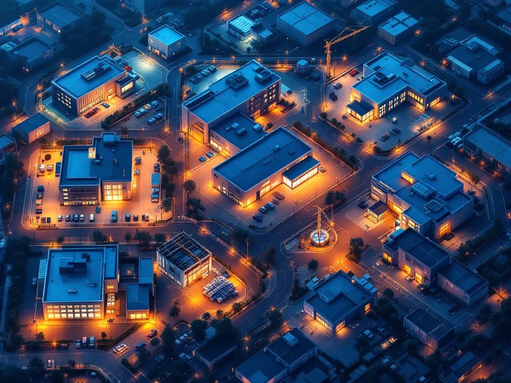 Luchtfoto van zeven commerciële gebouwen met gestandaardiseerde beveiligingssystemen, verlichting en toegangscontrole