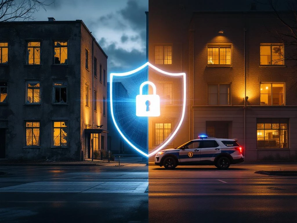 Split-screen vergelijking van kwetsbaar commercieel gebouw met kapotte ramen versus goed beveiligd pand met verlichting en bewaking