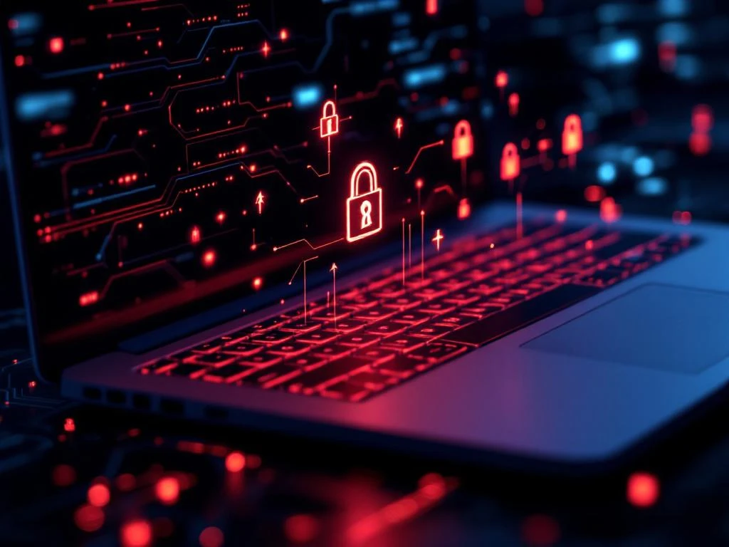 Laptop toetsenbord met rode waarschuwingssymbolen en zwevende slotpictogrammen, omgeven door cybersecurity dreigingen