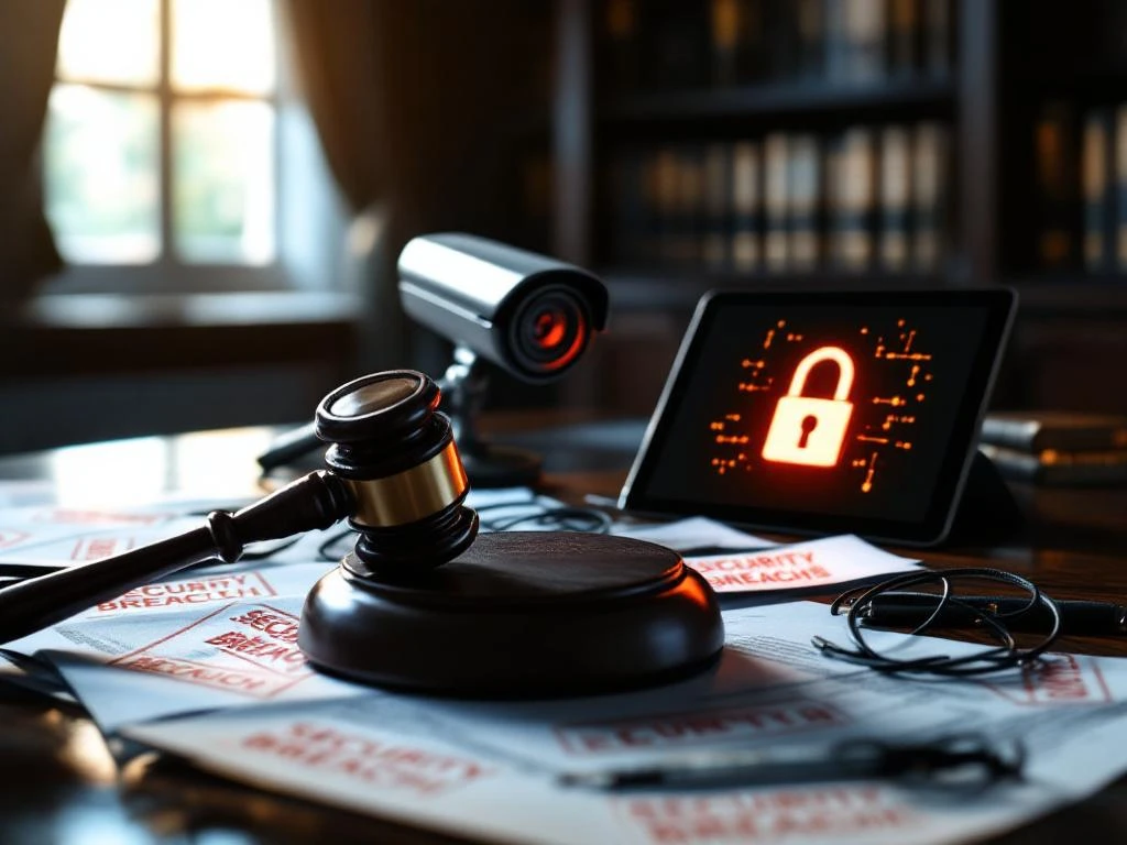 Rechtszaal met hamer, juridische documenten met "SECURITY BREACH" stempels en kapotte beveiligingscamera op houten tafel