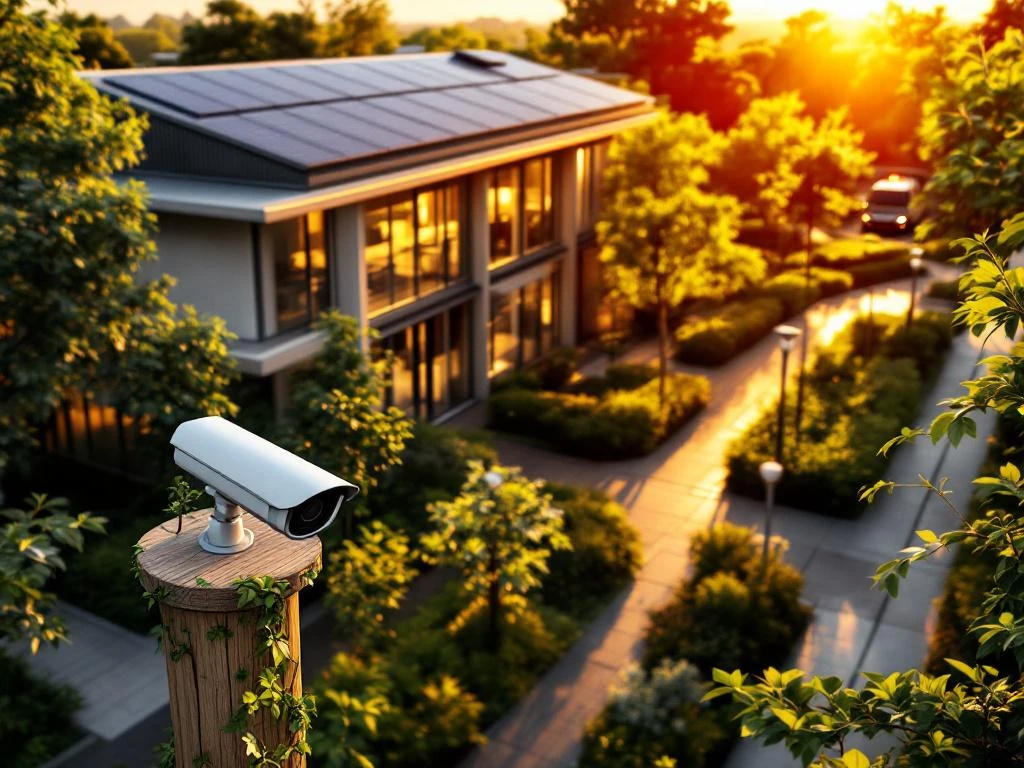 Modern kantoorgebouw met zonnepanelen, duurzame beveiligingscamera's en groene landschapsarchitectuur tijdens gouden uur