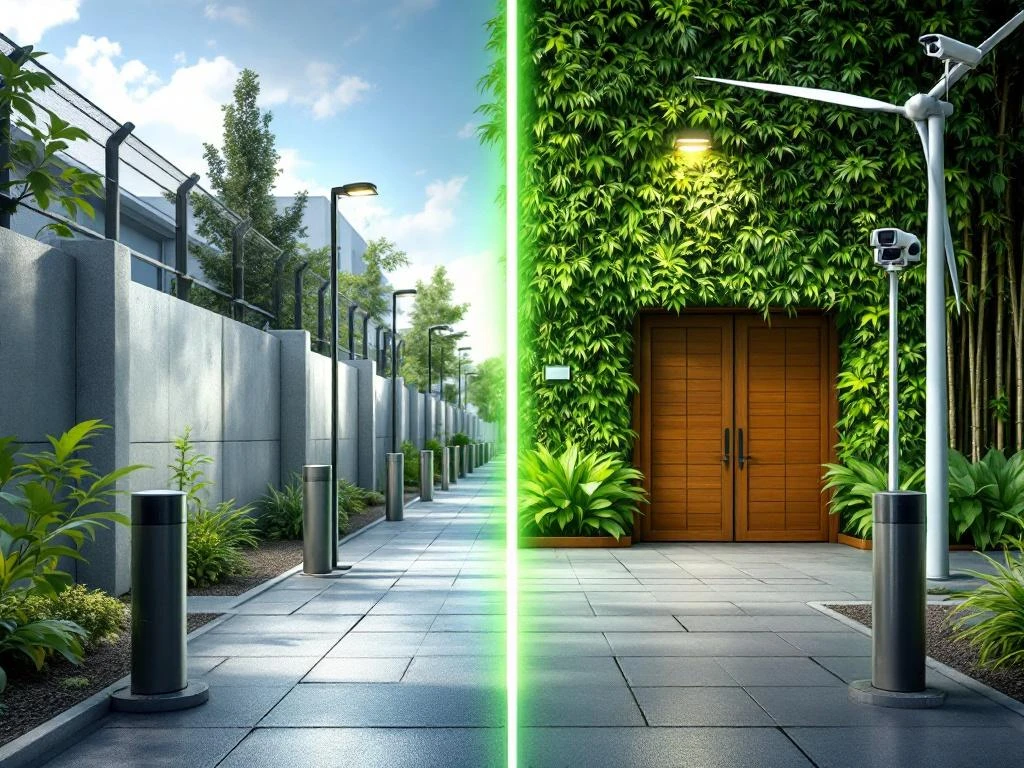 Split-screen vergelijking van traditionele beveiliging (betonblokken, hekken) versus duurzame eco-beveilingsoplossingen