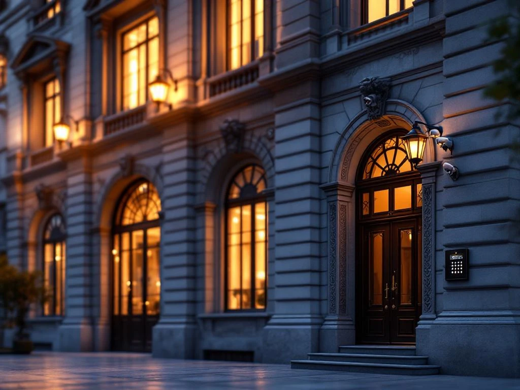 Historisch gebouw met klassieke steenarchitectuur en moderne beveiligingscamera's bij zonsondergang