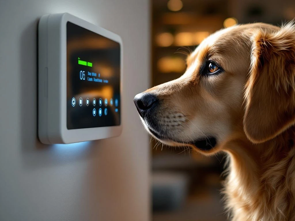 Gouden retriever benadert witte beveiligingspaneel met blauwe LED-indicatoren aan muur in moderne woonkamer